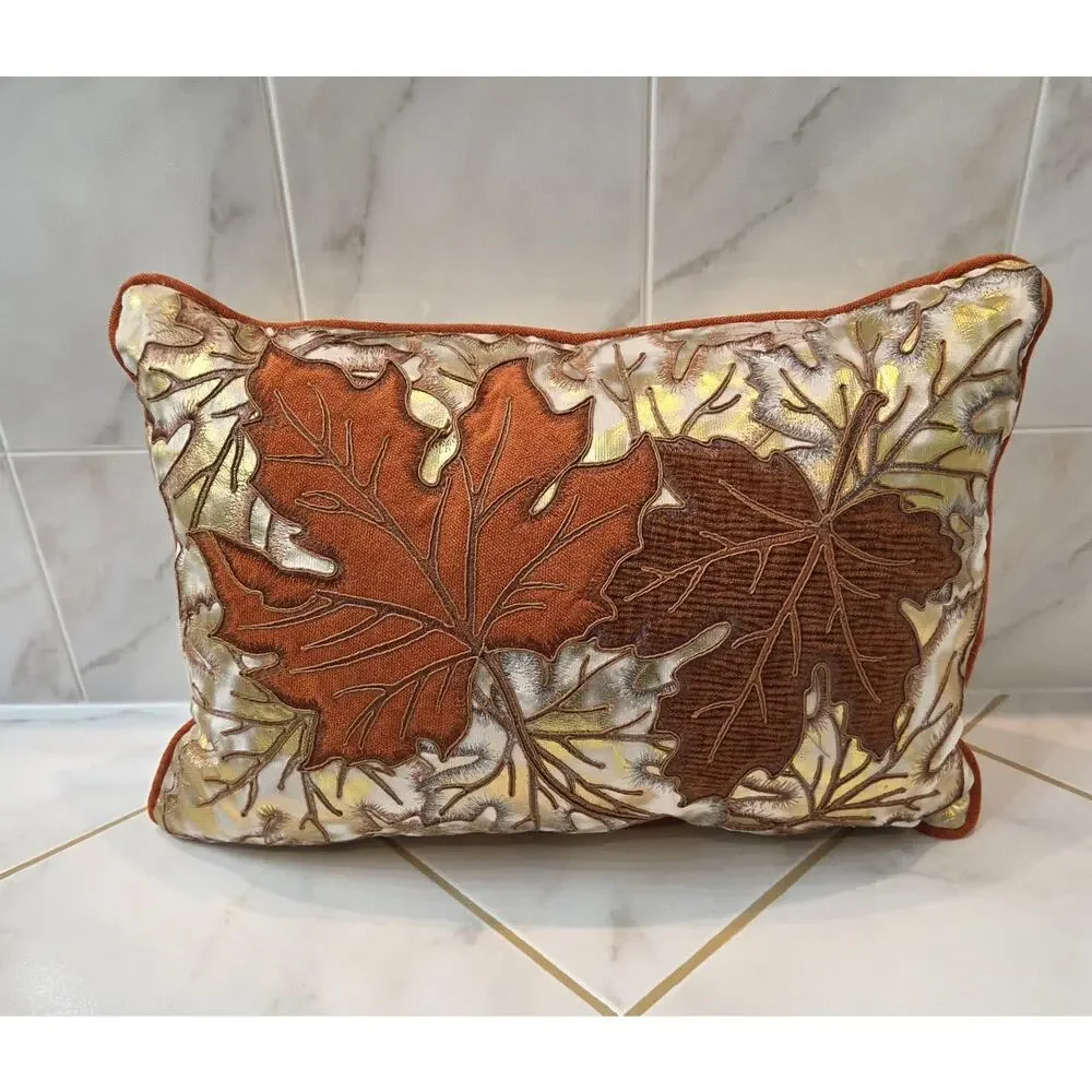 New Set of 2 Fall Autumn Decorative Throw Pillows 20x13 Embroidered Leaf...